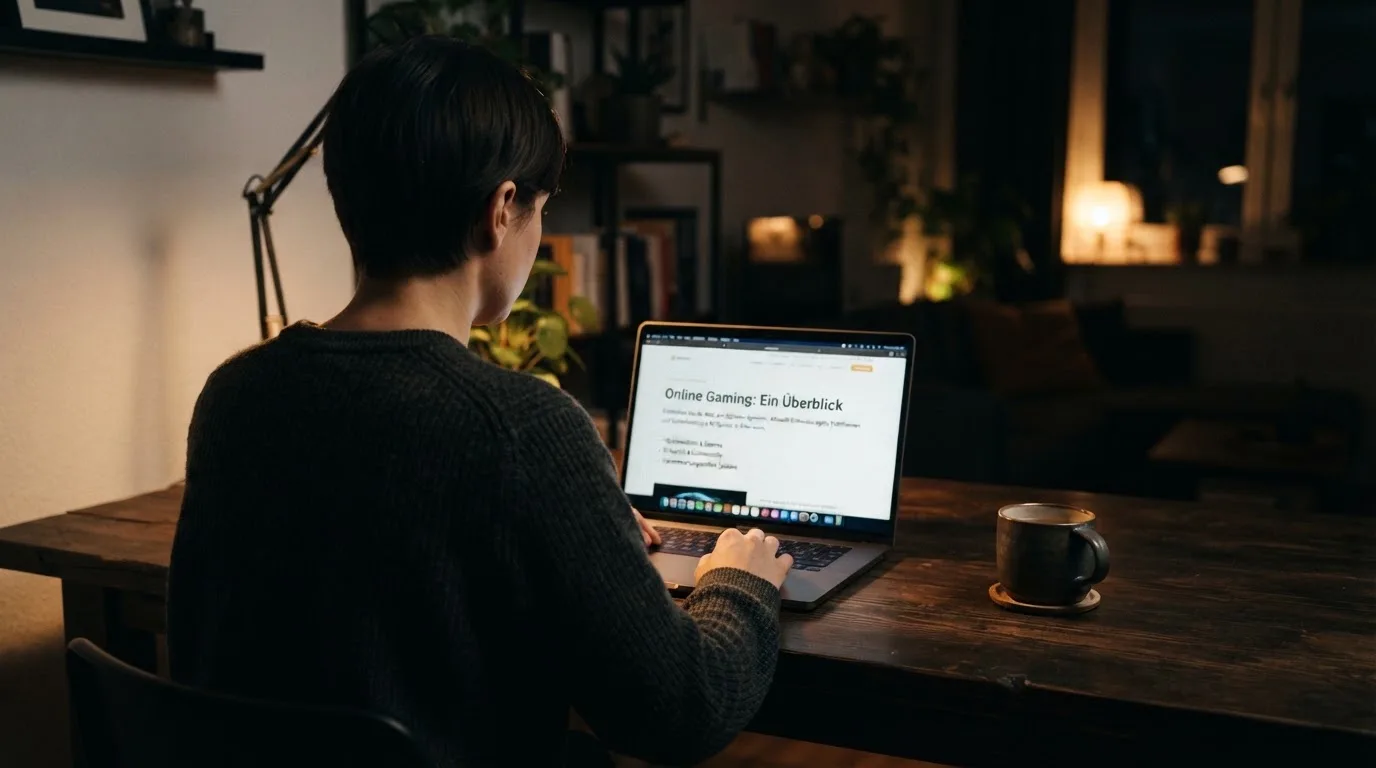 Person am Laptop liest eine Übersichtsseite zu Glücksspielen im Internet — 10 euro bonus ohne einzahlung casino