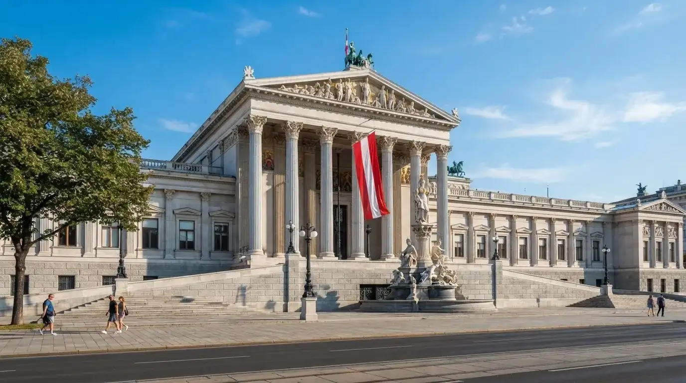 Fassade eines klassizistischen Wiener Amtsgebäudes mit österreichischer Flagge an einem klaren Nachmittag.