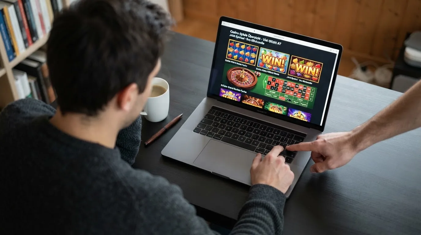 Person am Laptop liest eine Übersichtsseite zu Glücksspielen im Internet — 15 euro bonus ohne einzahlung casino