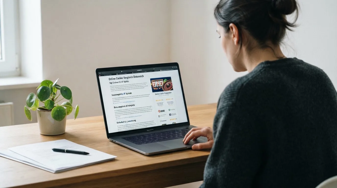 Person am Laptop liest eine Übersichtsseite zu Glücksspielen im Internet — 150 freispiele ohne einzahlung