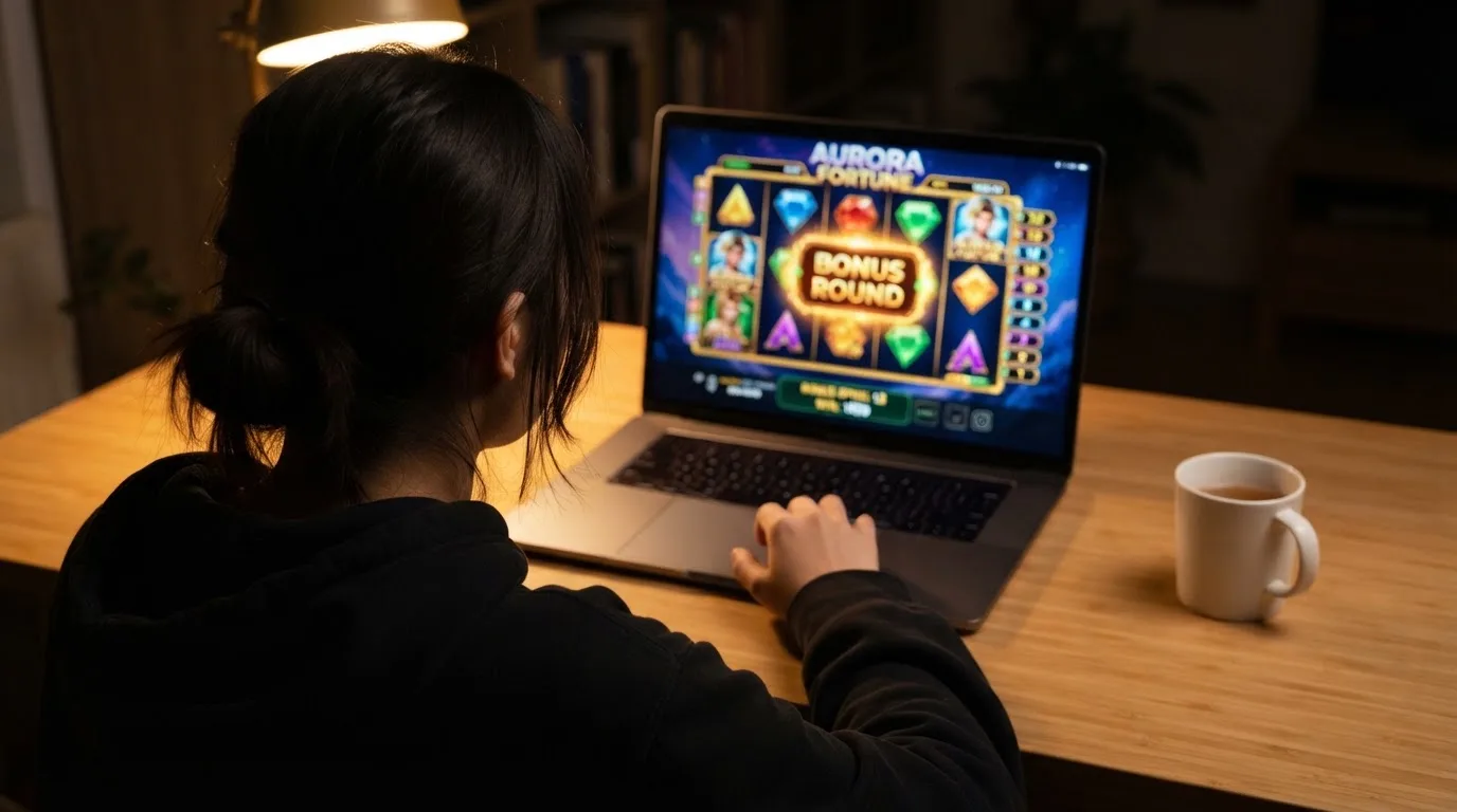 Person am Laptop liest eine Übersichtsseite zu Glücksspielen im Internet — 20 freispiele ohne einzahlung