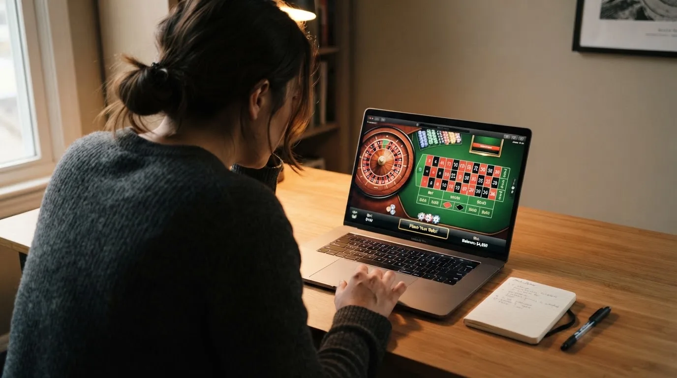 Person am Laptop liest eine Übersichtsseite zu Glücksspielen im Internet — 200 freispiele ohne einzahlung