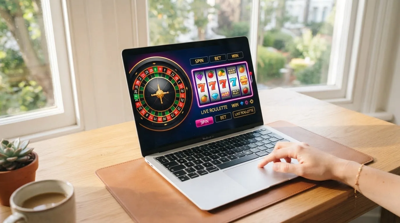 Person am Laptop liest eine Übersichtsseite zu Glücksspielen im Internet — 30 euro bonus ohne einzahlung casino