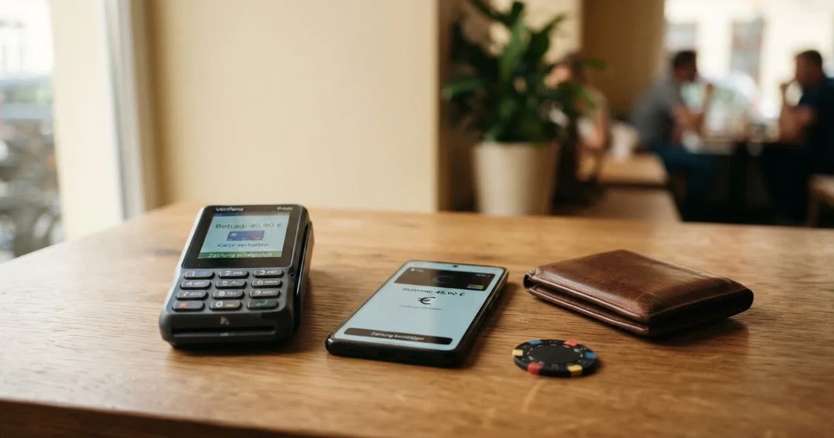 Kartenterminal und Smartphone auf einem Holztisch neben einer Geldbörse — 40 euro bonus ohne einzahlung casino