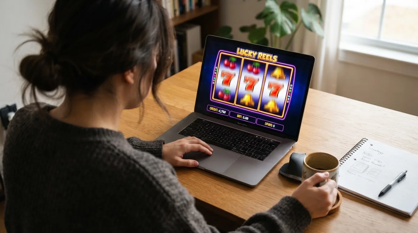 Person am Laptop liest eine Übersichtsseite zu Glücksspielen im Internet — 5 euro bonus ohne einzahlung casino