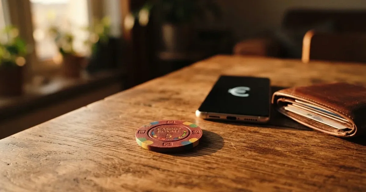 Kartenterminal und Smartphone auf einem Holztisch neben einer Geldbörse — 5 euro bonus ohne einzahlung casino