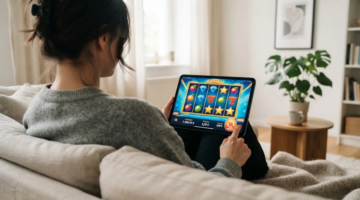 Person sitzt entspannt mit einem Tablet auf dem Schoß in einem hellen Wohnzimmer und blickt konzentriert auf den Bildschirm.