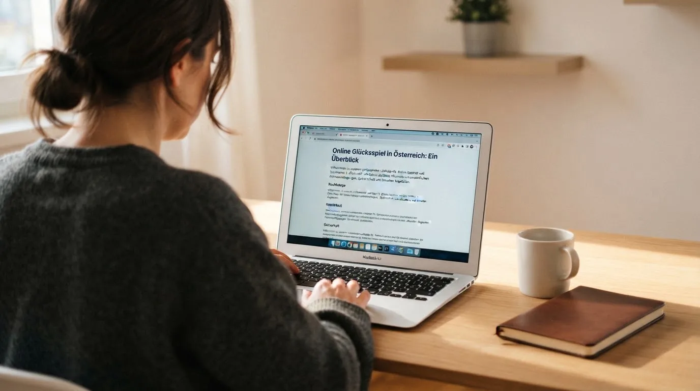 Person am Laptop liest eine Übersichtsseite zu Glücksspielen im Internet — aviator online casino