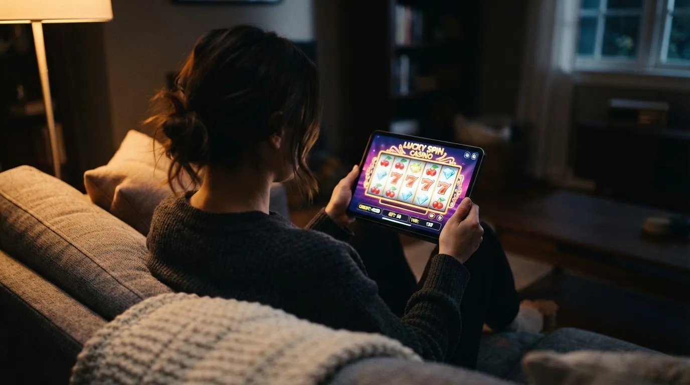 Person sitzt entspannt auf einem Sofa und blickt konzentriert auf ein Tablet in gedämpftem Wohnzimmerlicht am Abend.