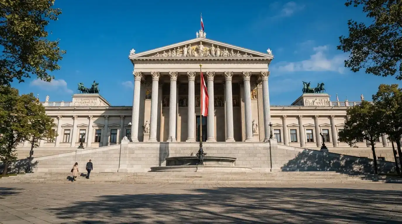 Fassade eines klassizistischen Wiener Amtsgebäudes mit österreichischer Flagge an einem klaren Nachmittag.