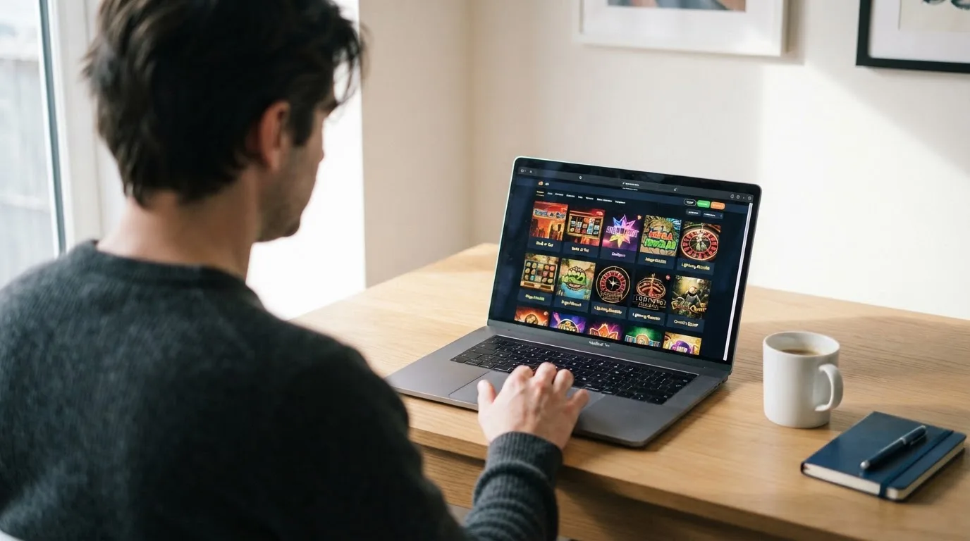 Person am Laptop liest eine Übersichtsseite zu Glücksspielen im Internet — beste casino mit schneller auszahlung
