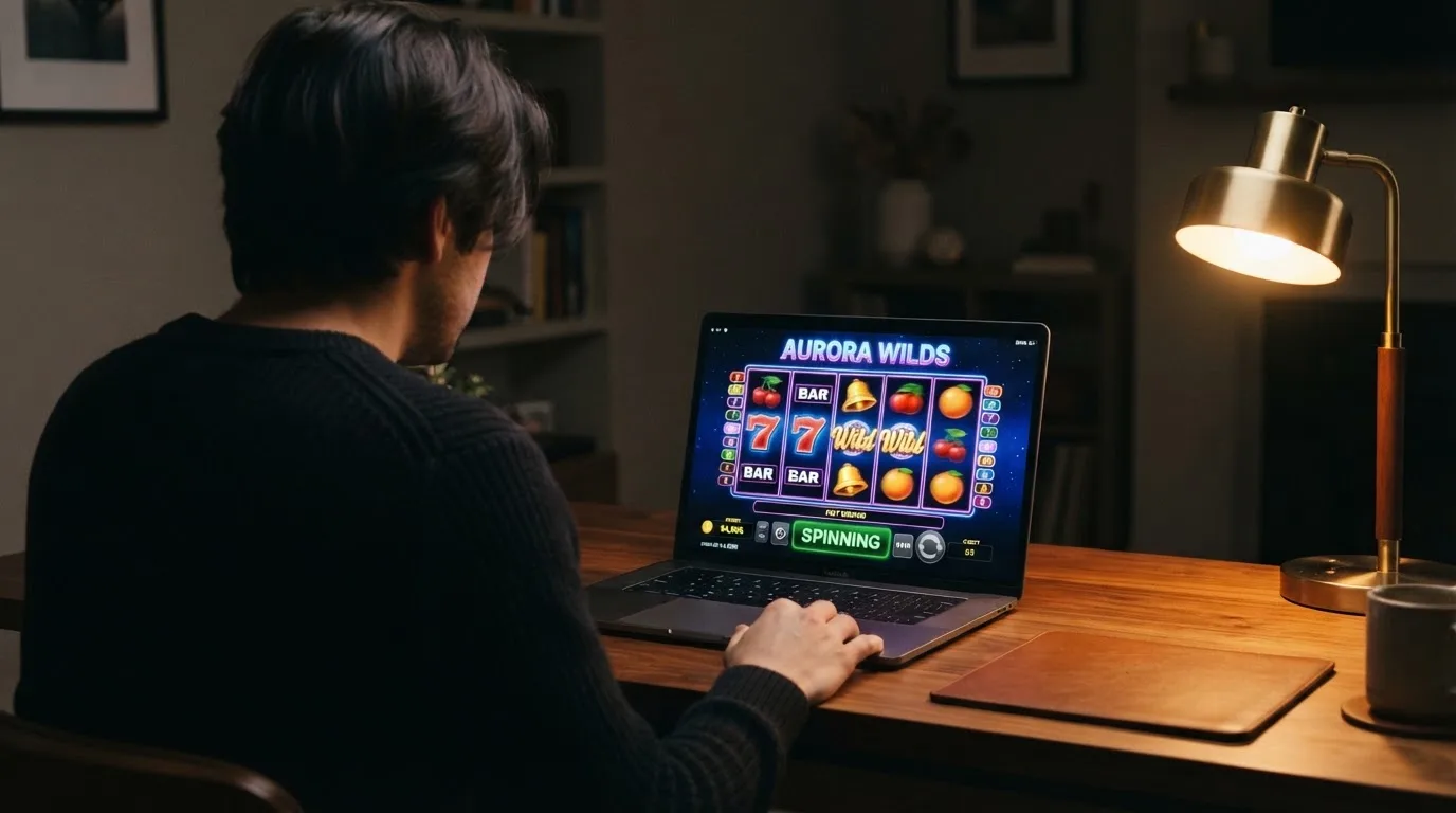 Person am Laptop liest eine Übersichtsseite zu Glücksspielen im Internet — beste casino ohne verifizierung auszahlen