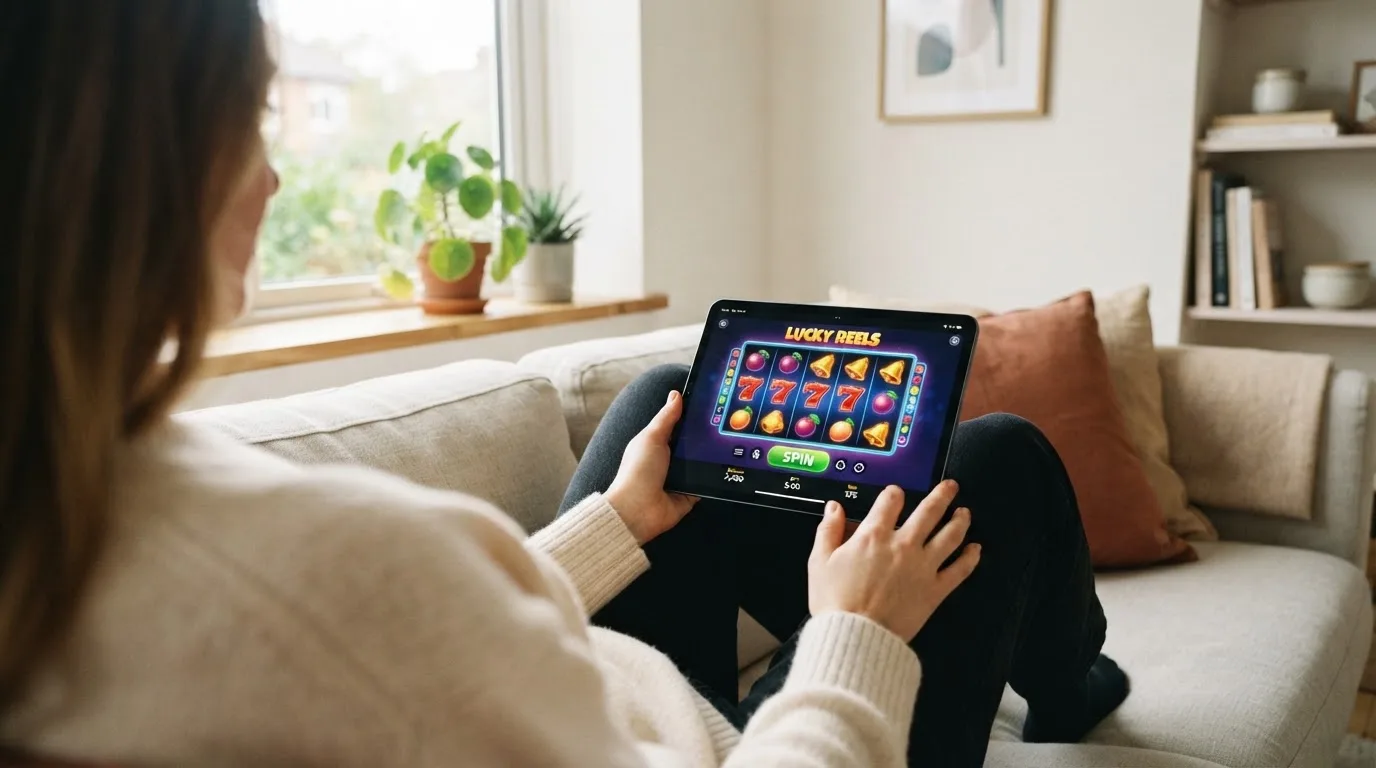 Person sitzt entspannt mit einem Tablet auf dem Schoß in einem hellen Wohnzimmer.