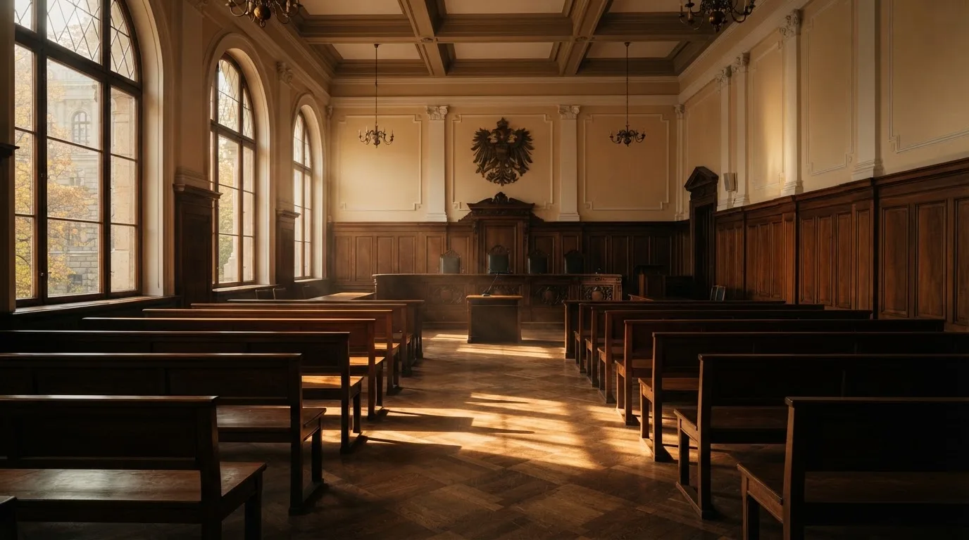 Innenansicht eines leeren Gerichtssaals mit Holzbänken und hohen Fenstern im Nachmittagslicht.