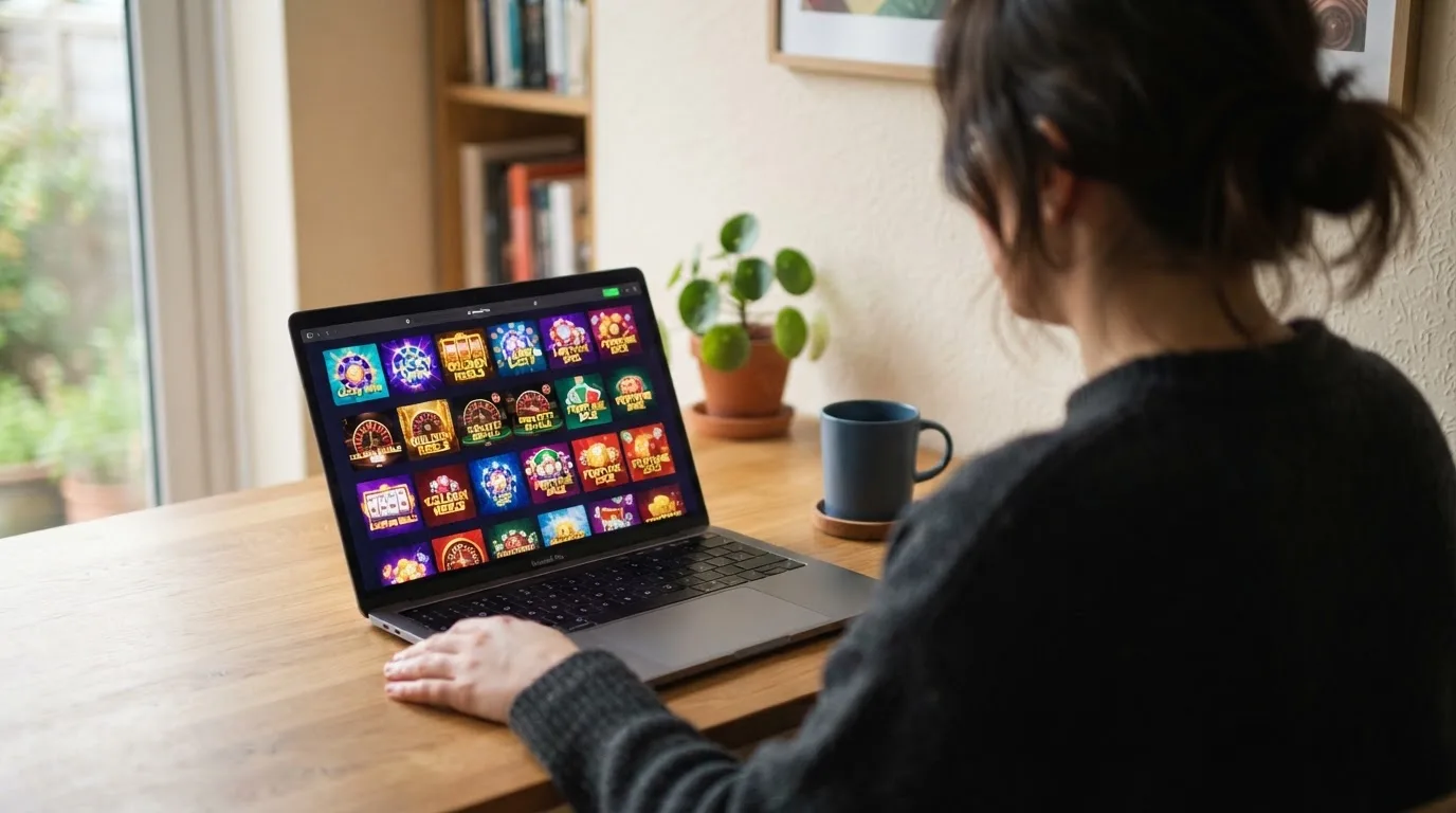Person am Laptop liest eine Übersichtsseite zu Glücksspielen im Internet — beste craps online casinos österreich