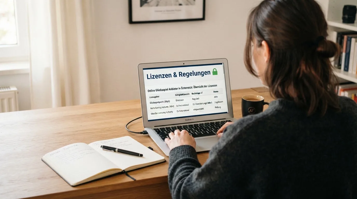 Person am Laptop liest eine Übersichtsseite zu Glücksspielen im Internet — beste live baccarat österreich