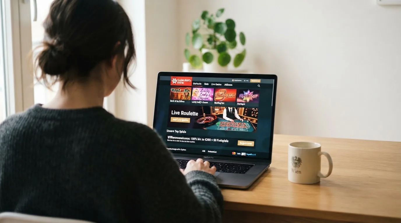 Person am Laptop liest eine Übersichtsseite zu Glücksspielen im Internet — beste online casino ausland