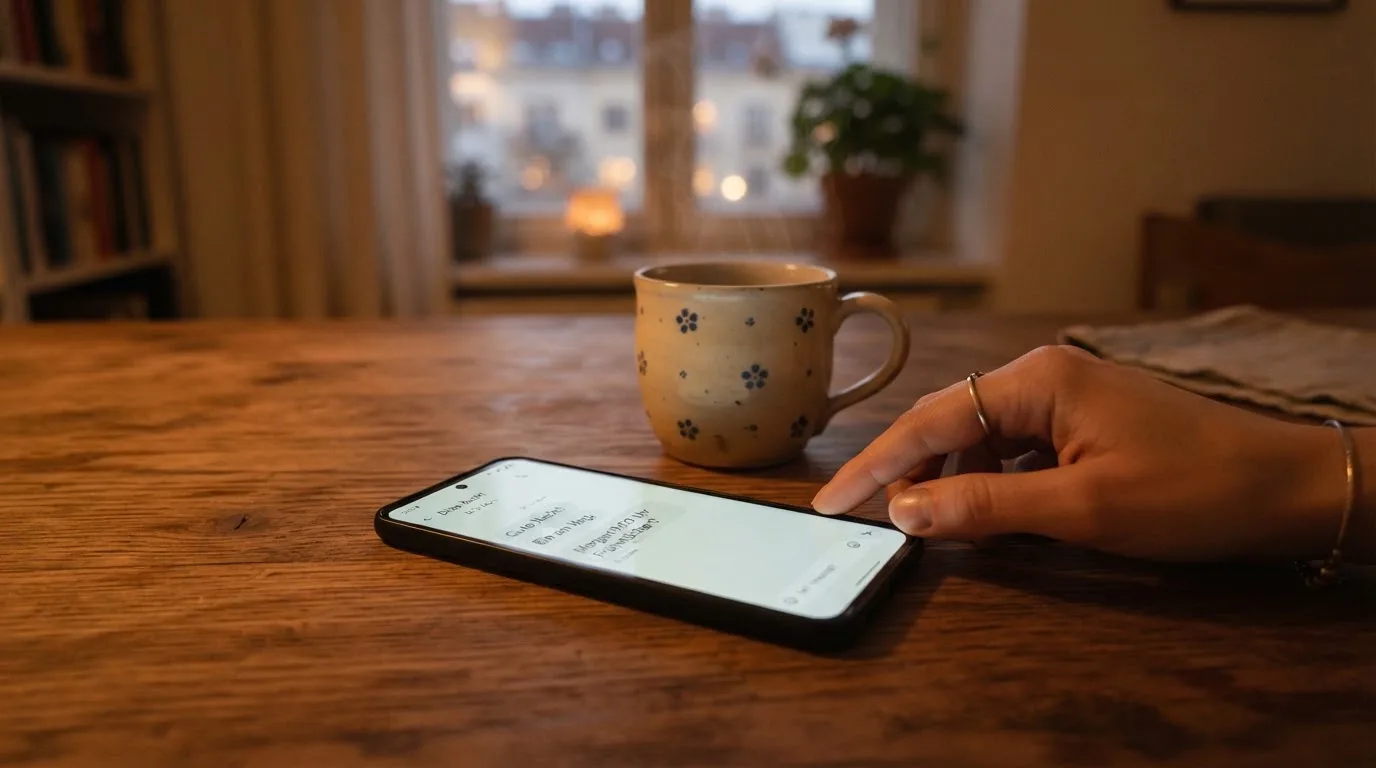 Hand hält ein Smartphone, daneben eine Tasse Tee, ruhige Abendstimmung am Küchentisch — beste online casino ausland