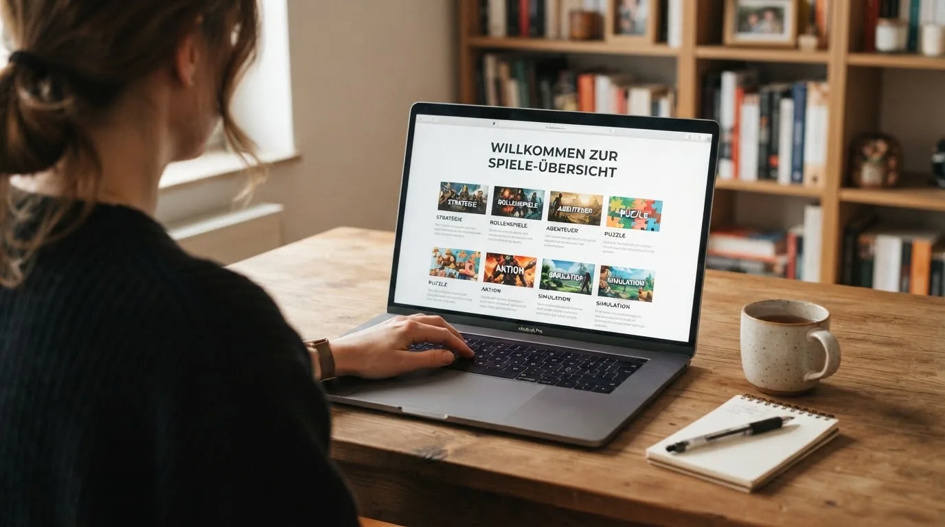 Person am Laptop liest eine Übersichtsseite zu Glücksspielen im Internet — beste online casino echtgeld app