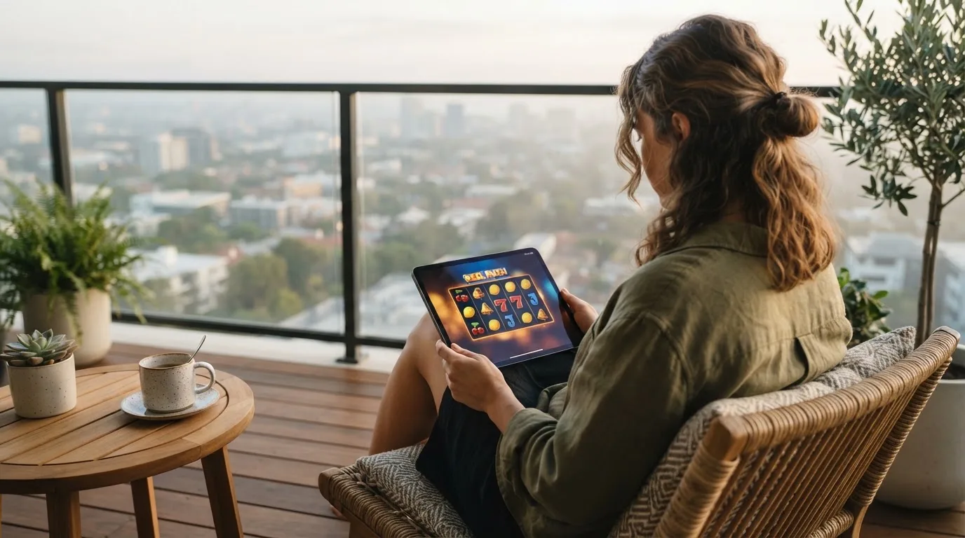 Person sitzt entspannt mit einem Tablet auf dem Balkon eines modernen Apartments.