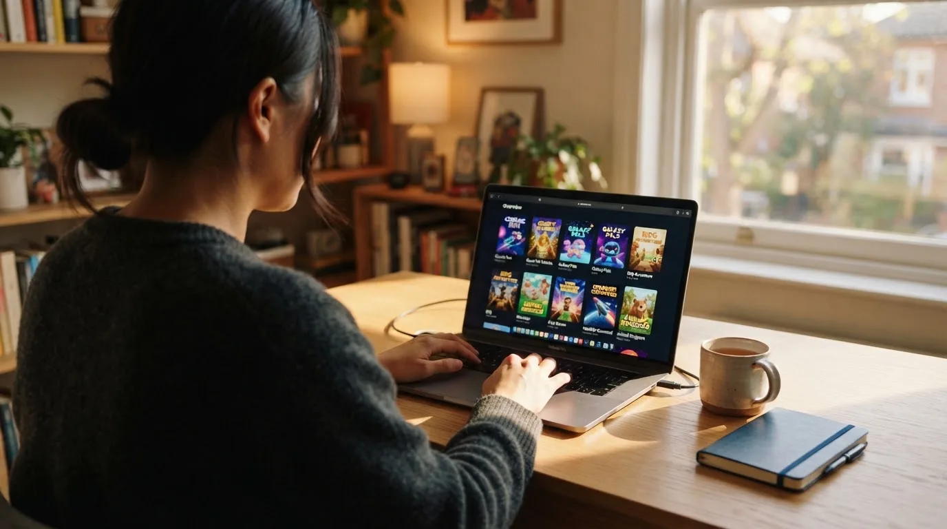 Person am Laptop liest eine Übersichtsseite zu Glücksspielen im Internet — beste online casino mit banküberweisung bezahlen