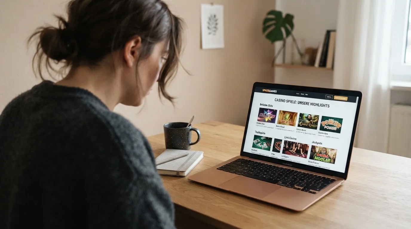 Person am Laptop liest eine Übersichtsseite zu Glücksspielen im Internet — beste online casino mit cashtocode bezahlen