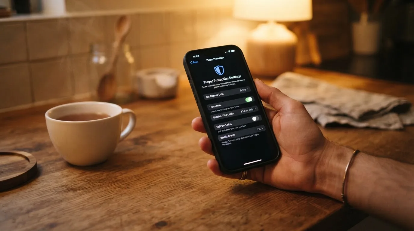 Hand hält ein Smartphone, daneben eine Tasse Tee, ruhige Abendstimmung am Küchentisch — beste online casino österreich