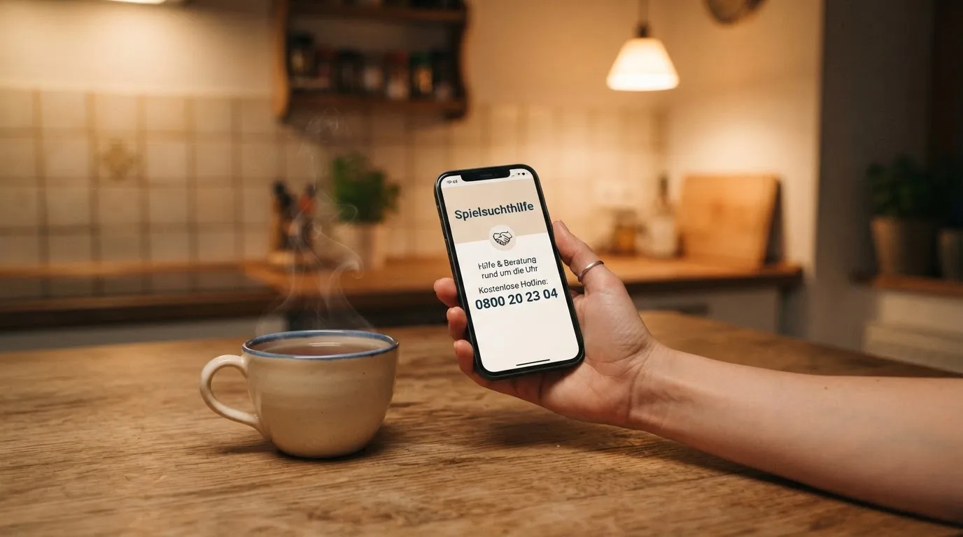 Hand hält ein Smartphone, daneben eine Tasse Tee, ruhige Abendstimmung am Küchentisch — beste online casinos echtgeld