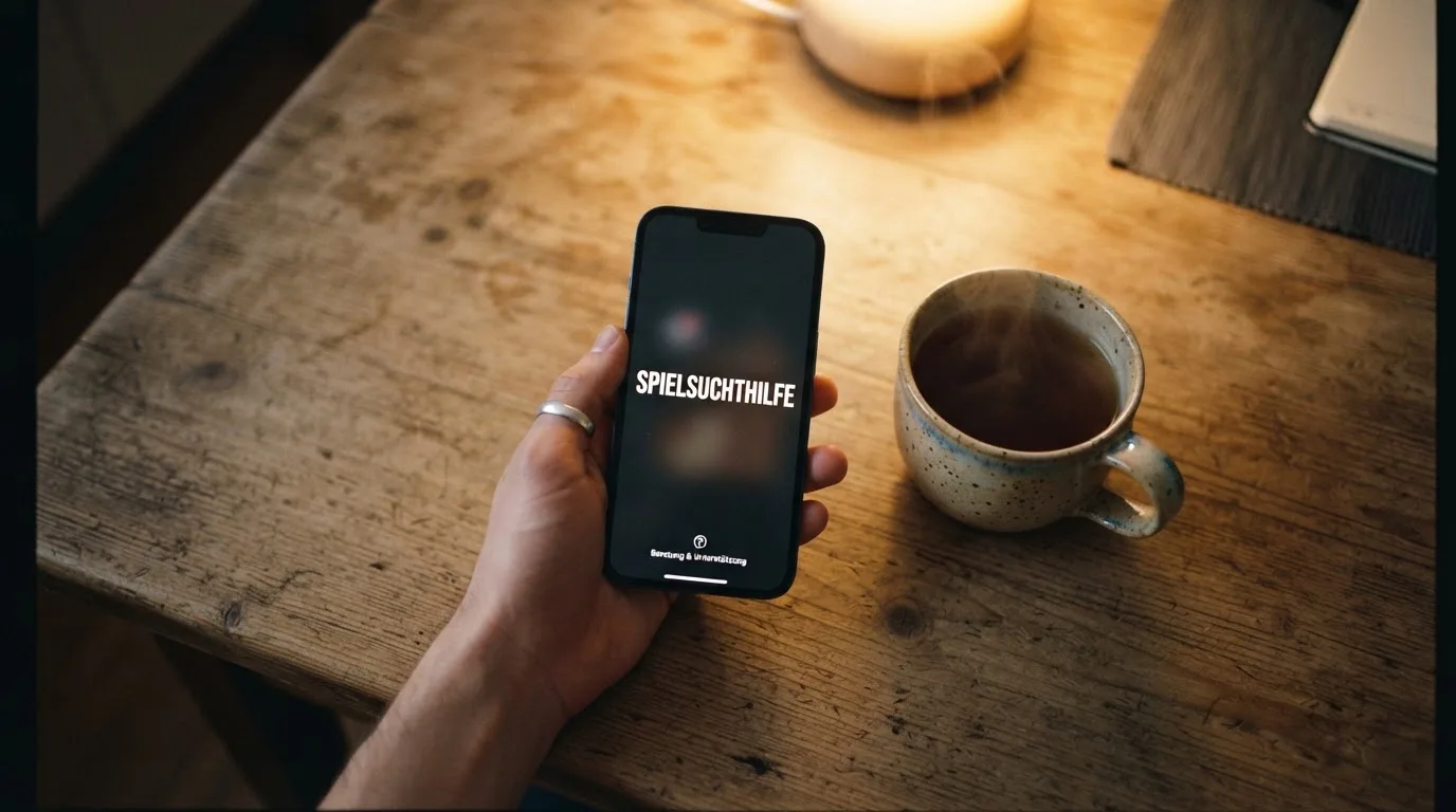 Hand hält ein Smartphone, daneben eine Tasse Tee, ruhige Abendstimmung am Küchentisch — beste online casinos mit österreichischer lizenz