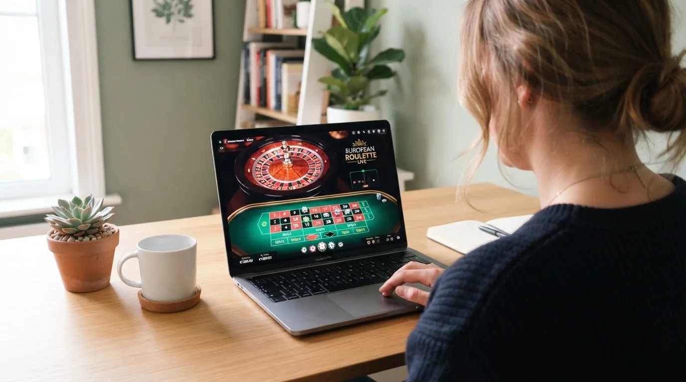 Person am Laptop liest eine Übersichtsseite zu Glücksspielen im Internet — beste online casinos österreich mit no deposit bonus