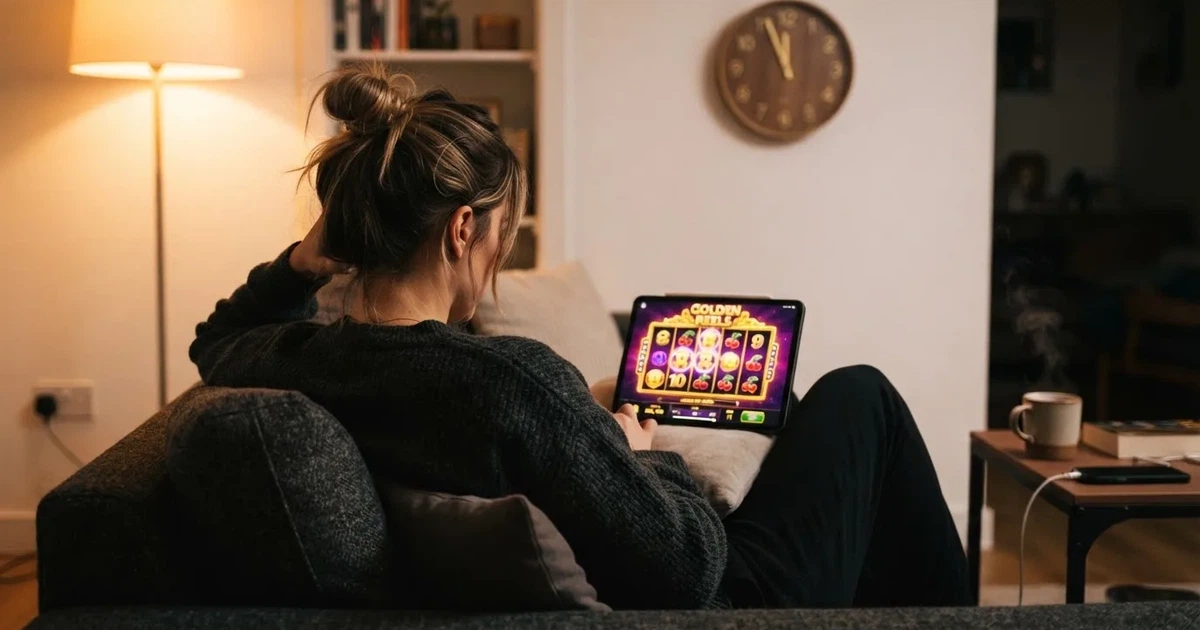 Person am Sofa schaut nachdenklich auf ein Tablet, im Hintergrund eine Uhr — beste online casinos österreich mit no deposit bonus