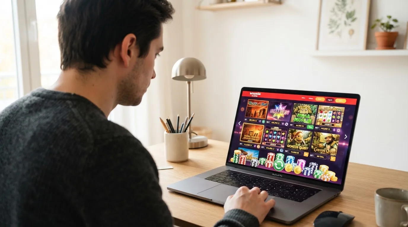 Person am Laptop liest eine Übersichtsseite zu Glücksspielen im Internet — beste online casinos ohne limit