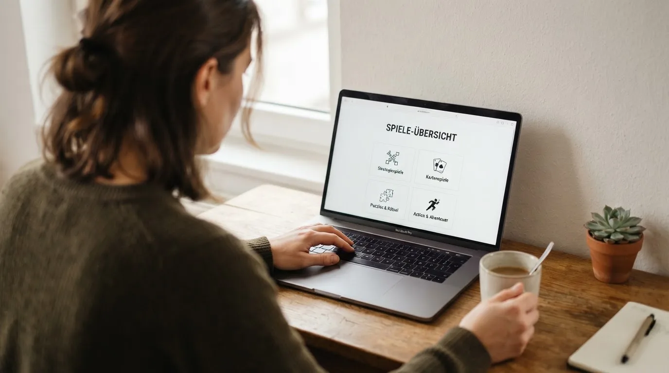 Person am Laptop liest eine Übersichtsseite zu Glücksspielen im Internet — beste online casinos ohne verifizierung