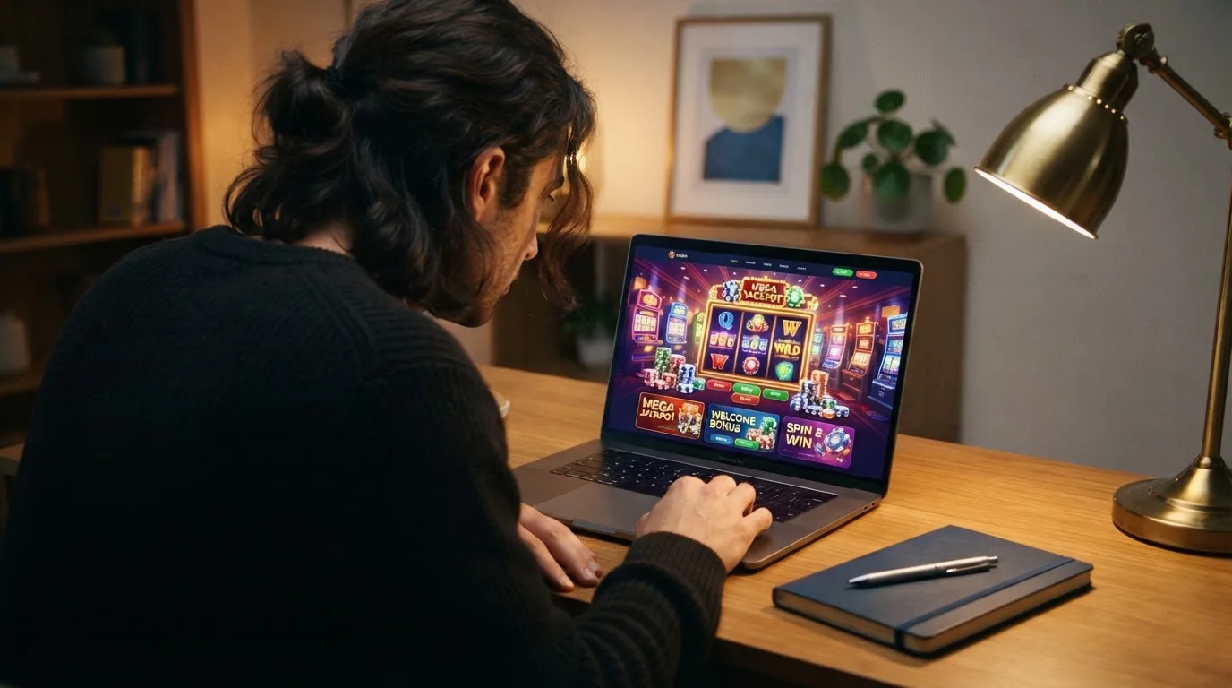 Person am Laptop liest eine Übersichtsseite zu Glücksspielen im Internet — bester willkommensbonus online casino
