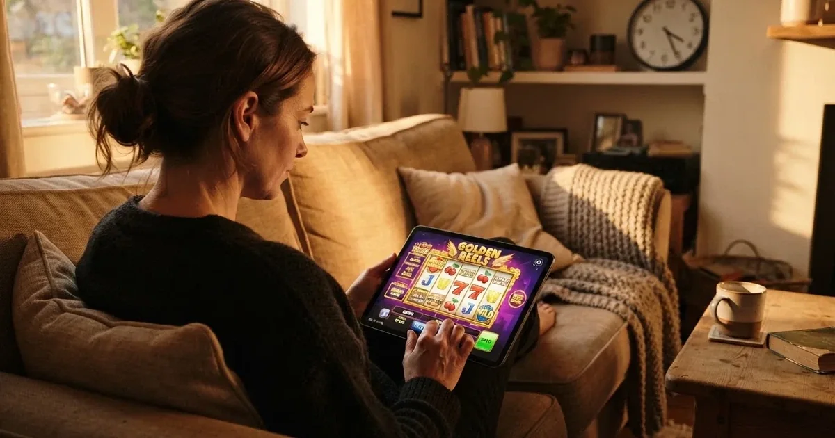 Person am Sofa schaut nachdenklich auf ein Tablet, im Hintergrund eine Uhr — bester willkommensbonus online casino