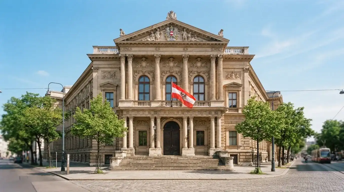 Fassade eines klassizistischen Wiener Amtsgebäudes mit österreichischer Flagge an einem klaren Nachmittag.