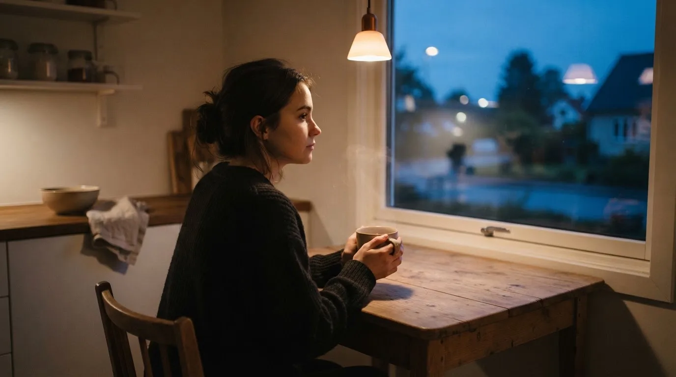Person sitzt allein an einem Küchentisch mit einer Tasse Tee und blickt nachdenklich aus dem Fenster am Abend.