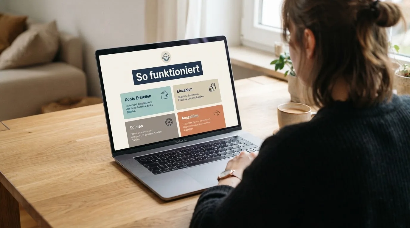 Person am Laptop liest eine Übersichtsseite zu Glücksspielen im Internet — binance coin casino vergleich
