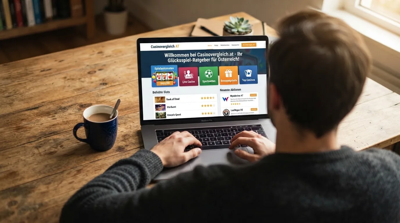 Person am Laptop liest eine Übersichtsseite zu Glücksspielen im Internet — bitcoin cash casino vergleich