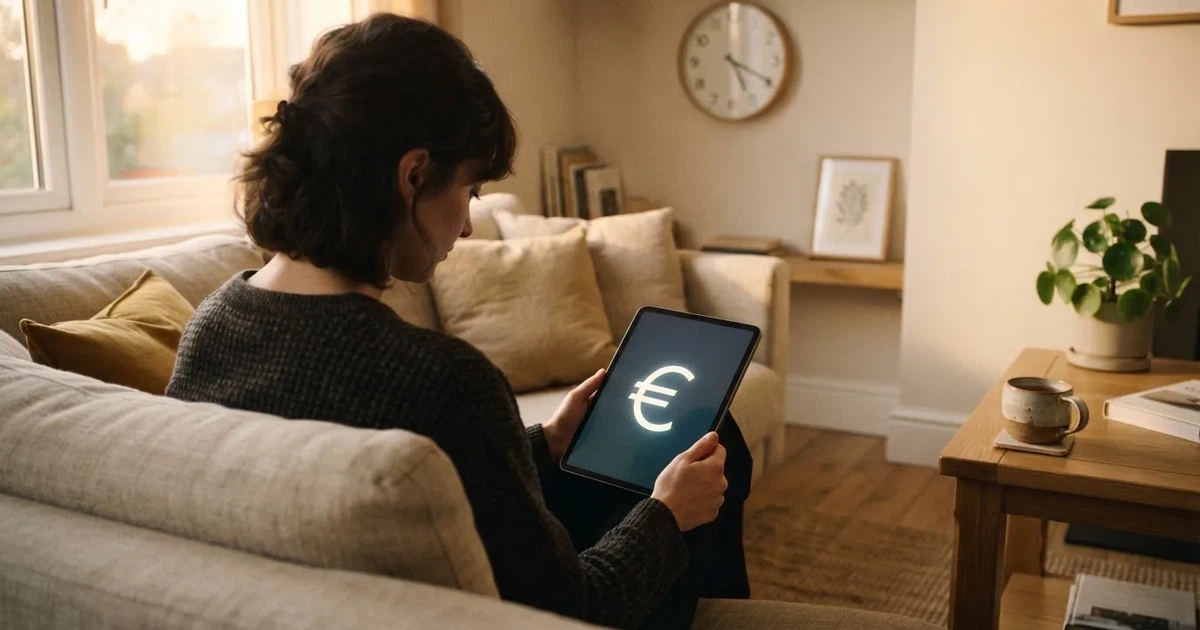 Person am Sofa schaut nachdenklich auf ein Tablet, im Hintergrund eine Uhr — casino bonus ohne einzahlung