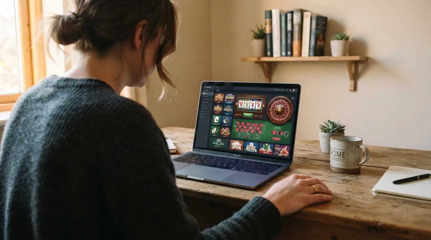Person am Laptop liest eine Übersichtsseite zu Glücksspielen im Internet — casino mit hoher gewinnchance