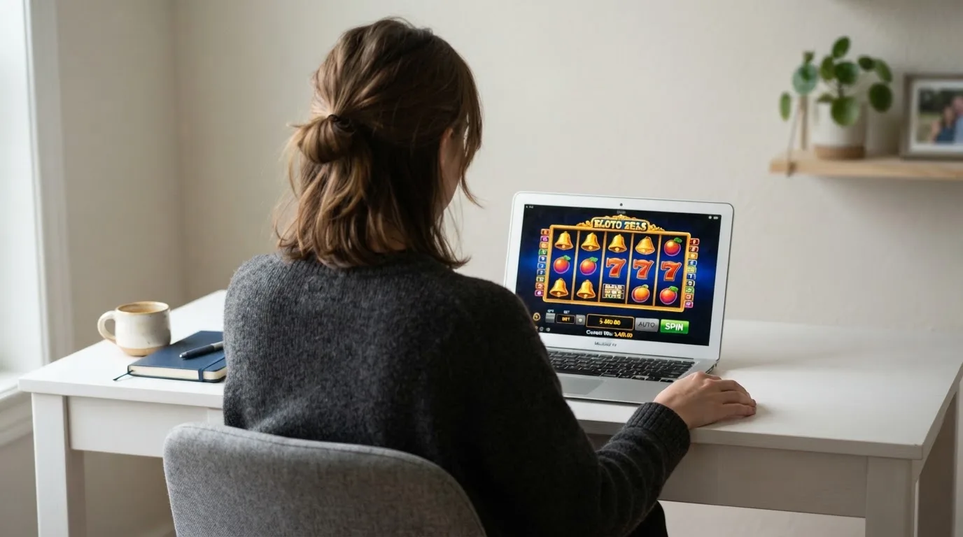 Person am Laptop liest eine Übersichtsseite zu Glücksspielen im Internet — online casino mit autoplay