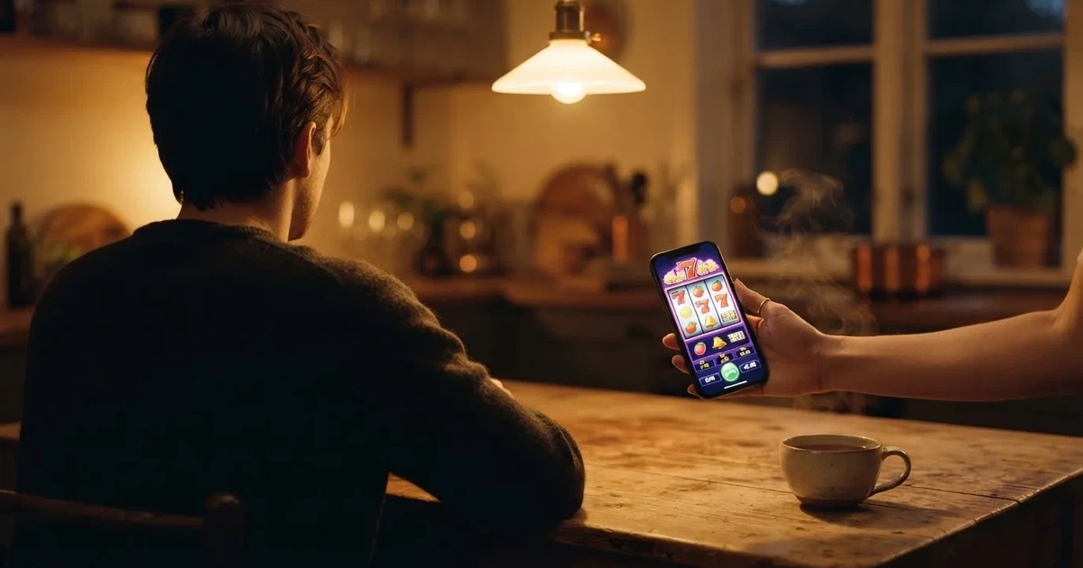 Hand hält ein Smartphone, daneben eine Tasse Tee, ruhige Abendstimmung am Küchentisch — online casino ohne auszahlungslimit