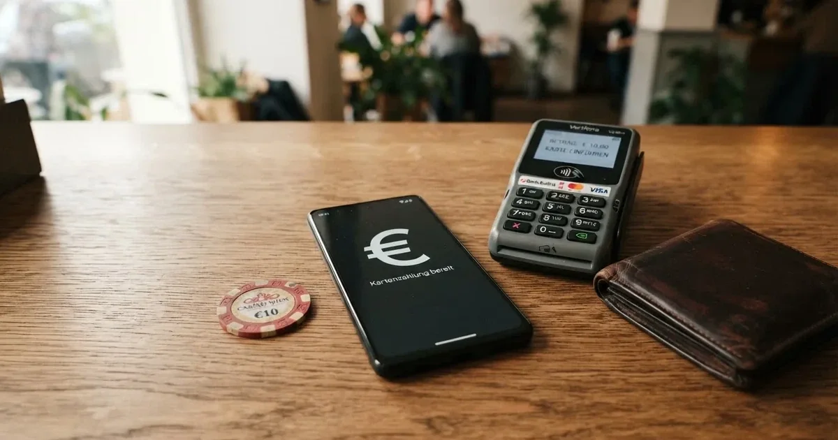 Kartenterminal und Smartphone auf einem Holztisch neben einer Geldbörse — online casino schnelle auszahlung